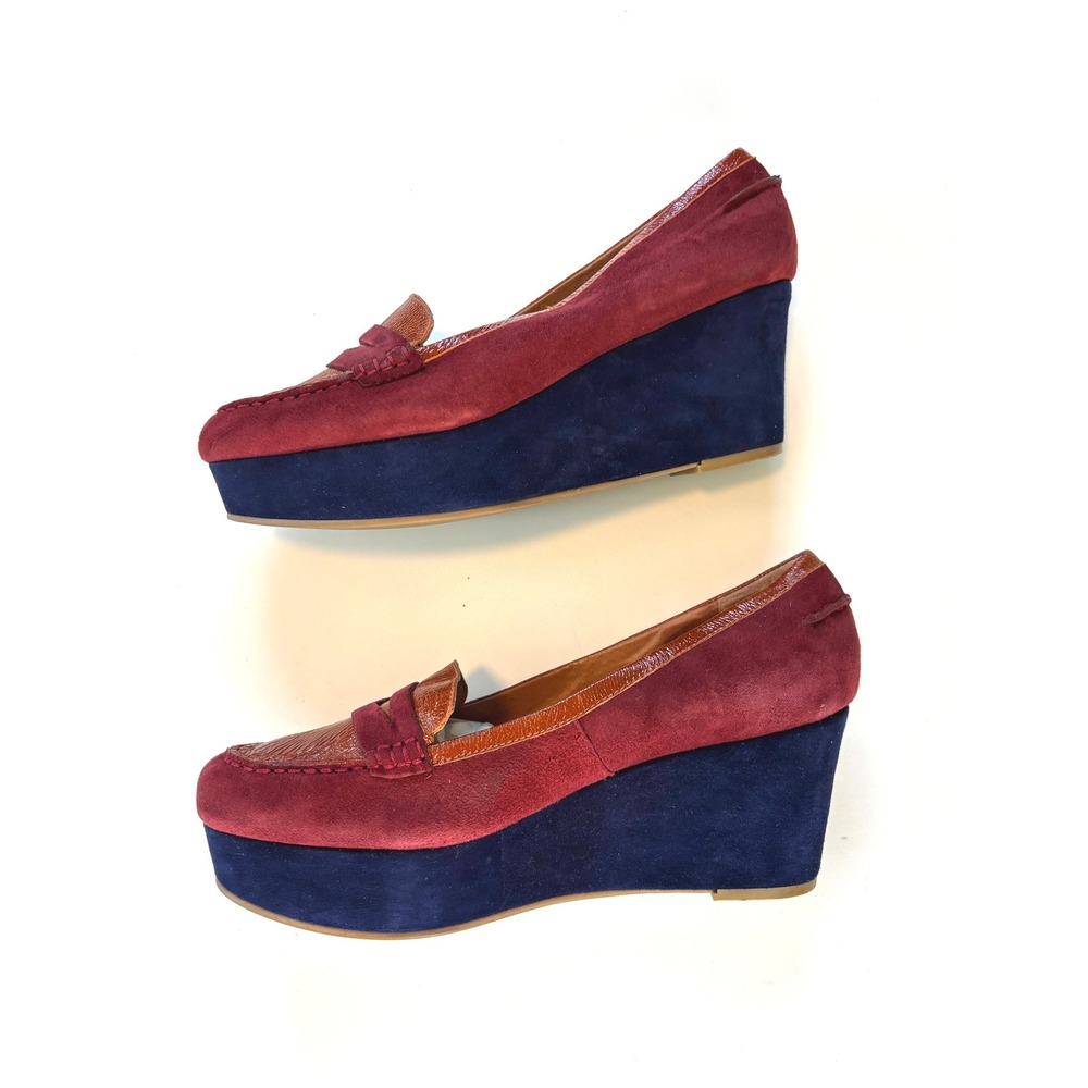 Pilcro and the Letterpress Wedge Loafers Burgundy Orange Navy 9.5 Suede Platform - Picture 7 of 10